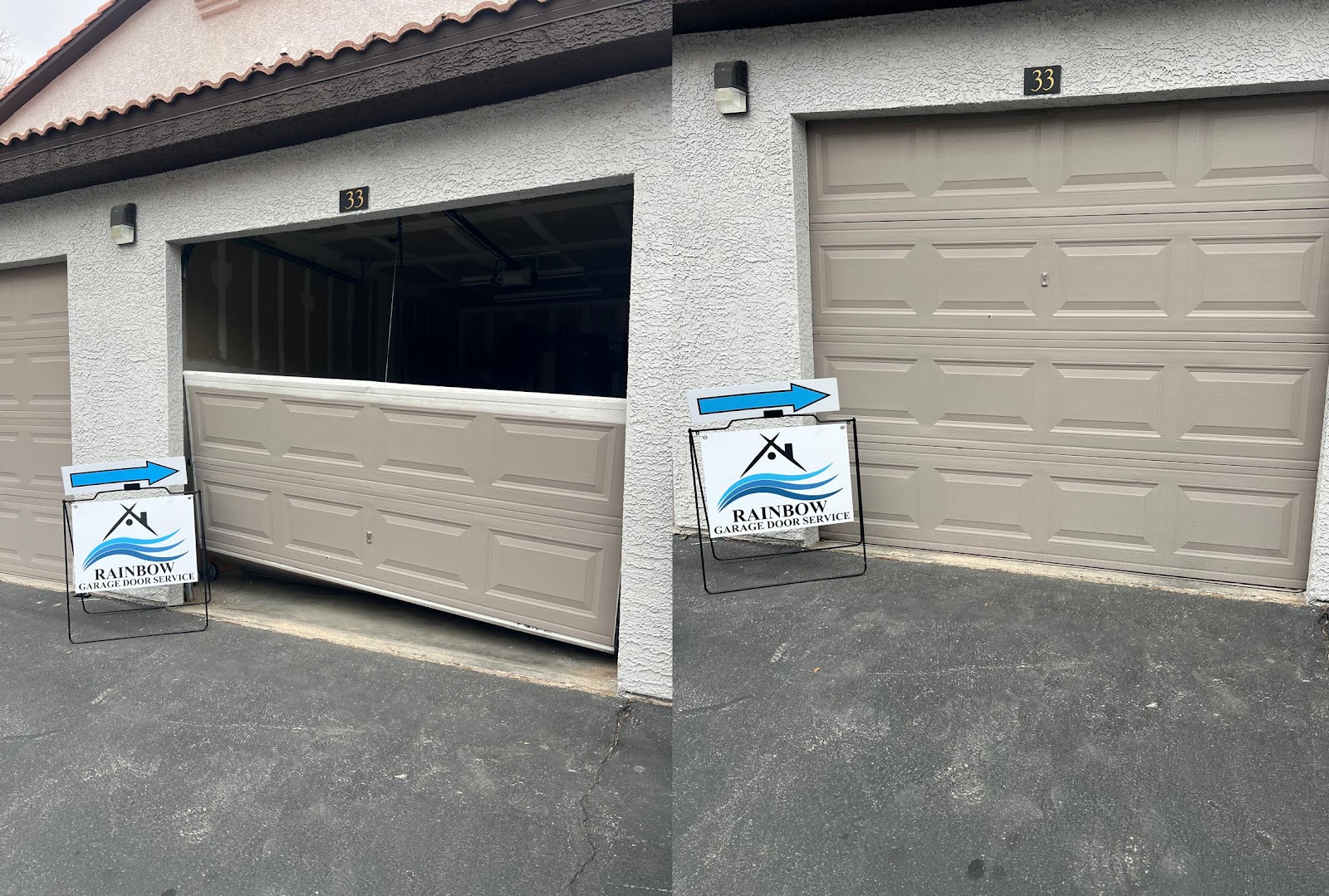 Before and after of a damaged off-track garage door repaired to proper alignment